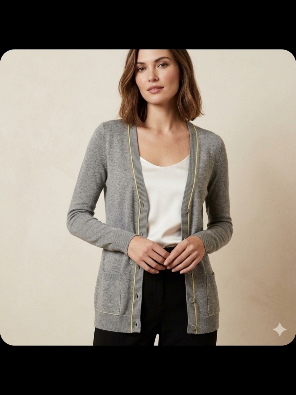 Gray V-Neck Button Cardigan with Yellow Trim - Small